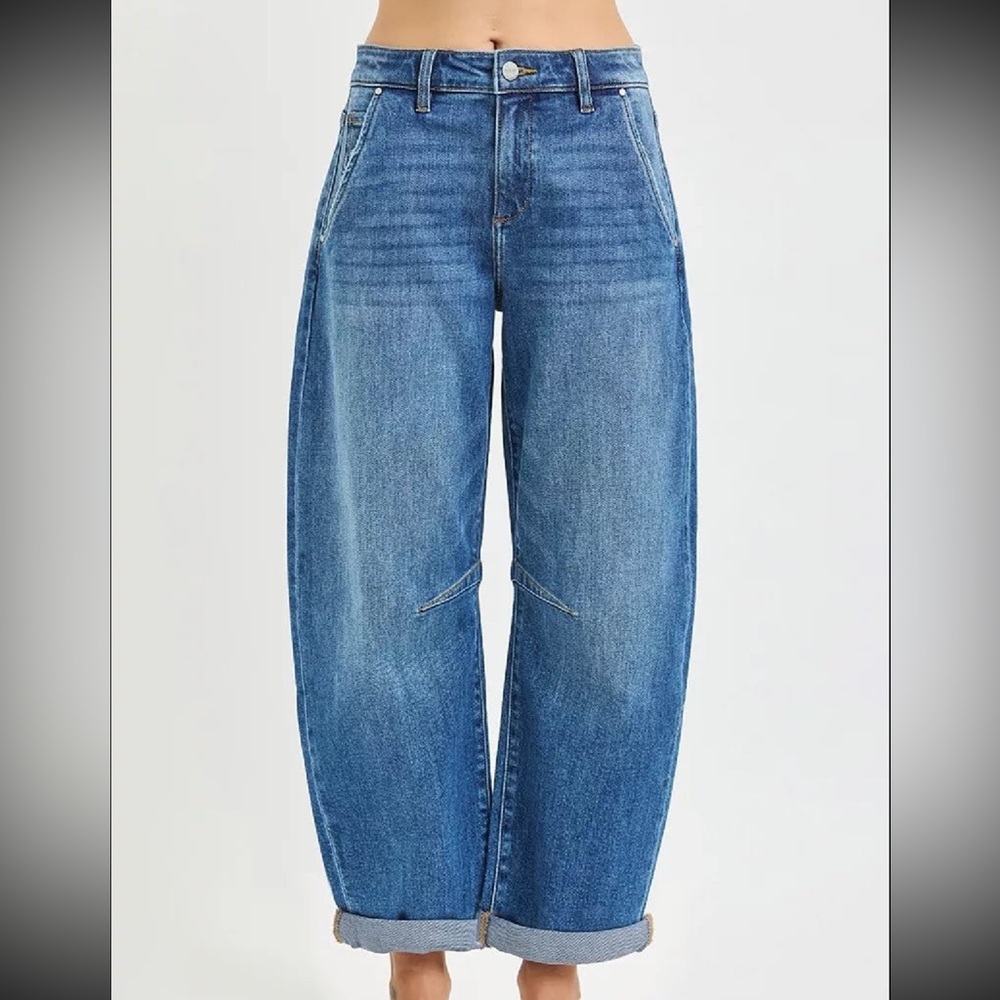 RISEN Slouchy Cropped Barrel Jeans With Cuffed Hem - Picture 2 of 6